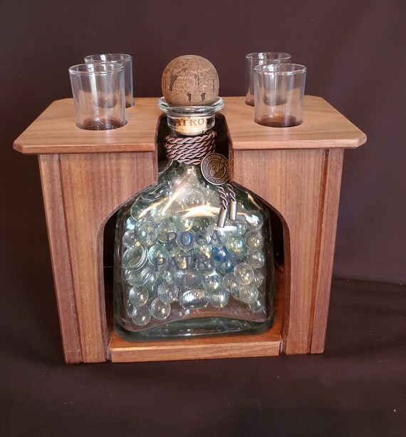 Led Lighted Patron Wood Display Case With 4 Tall Shot Led Lighted Patron Wood Display Case, Lighted Shot Glass Display Case