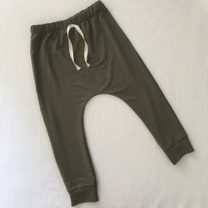 Baby toddler harem joggers -comfy pants fall gender neutral for girls boys - olive green -hipster baby -made to order