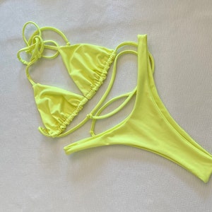 Made to order bikini, high cut thong cheeky bottoms and triangle top, lime yellow neon swimwear