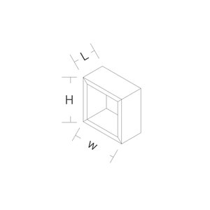 May include: A white, rectangular box with a square opening. The box is labeled with the letters 'L', 'H', and 'W' to indicate length, height, and width.