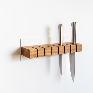 Magnetic Oak Knife Block: Kitchen Wall Organizer Set