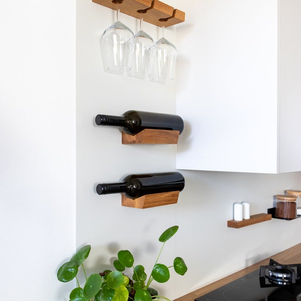 Wine bottle holder | Magnetic wine botle shelf made of solid oak wood