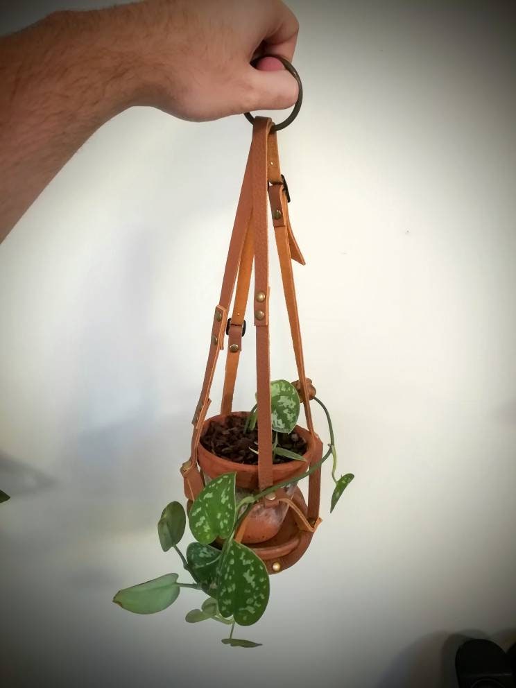Suspension Support Plante Pot Holder Industriel en Cuir Véritable
