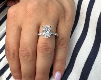 3.29 Carat Oval Shape Diamond Engagement Ring, G Color VS2 Clarity, Hidden Halo Art Deco, 14K Solitaire Ring, Unique Proposal Diamond Ring