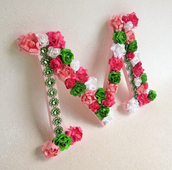 Nom Personnalisé Lettre Floral Fleur Lettre M Lettre Du Prénom Décor Vert Rose Lettre M Fleur Mariage Chambre Denfant Décoration Murale