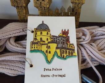 Pena Palace, Sintra Wooden Notebook — Travel Diary, Handcrafted Portuguese Souvenir, Pyrography