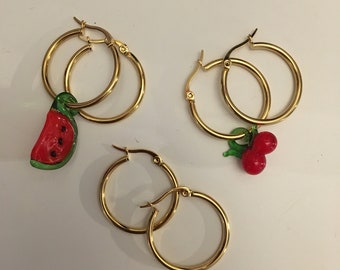 Gold mismatched hoop earrings with lampwork charm or plain, 24k gold with watermelon or cherry, little hoop, gift for her, gift for mom