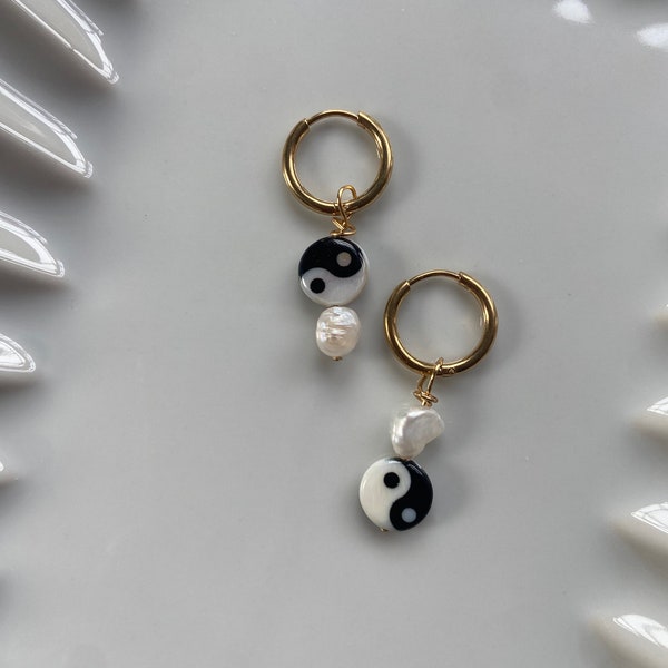 Yin Yang mother of pearl earrings, stainless steel hoops, pearls, gift for her, balance, boho style, handmade jewelry, birthday gift