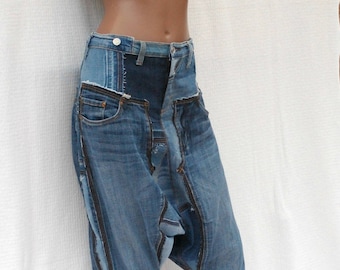 Short sarouel made of recycled jeans patchwork (tailor-made clothing), unisex short pants, unisex denim sarouel, ecological fashion