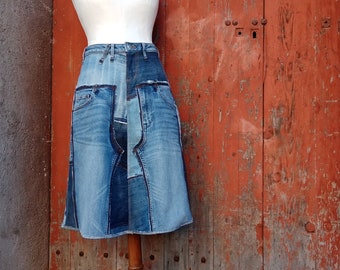 denim skirt custom skirt mid-length skirt,recycling,upcycling skirt in patchwork of recycled jeans Mid-length skirt PATCHWORK BLUE JEANS