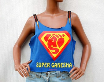 Cropped top SUPER GANESHA, top upcyclé, haut surcyclé, débardeur femme, mode écologique, upcycling, recyclage textile,vêtements seconde main