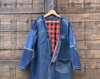 WORLD WIDE DENIM unisex denim coat, woman's coat, men's coat, long oversize jacket in recycled denim, ecological fashion,recycling,upcycling