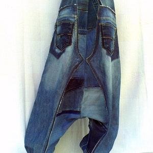 Unisex Harem pants in patchwork of recycled jeans CUSTOM-MADE REALIZATION , pants in disconnected then sewn on again recycled blue jeans image 10