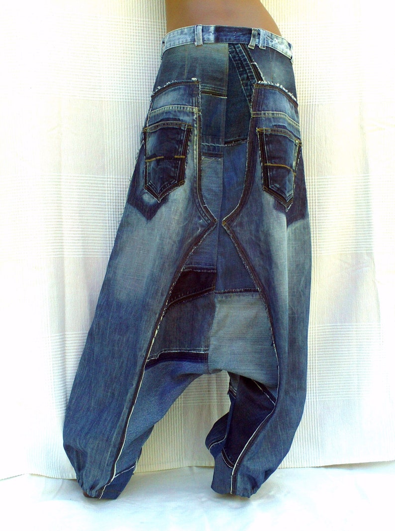 Unisex Harem pants in patchwork of recycled jeans CUSTOM-MADE REALIZATION , pants in disconnected then sewn on again recycled blue jeans image 10