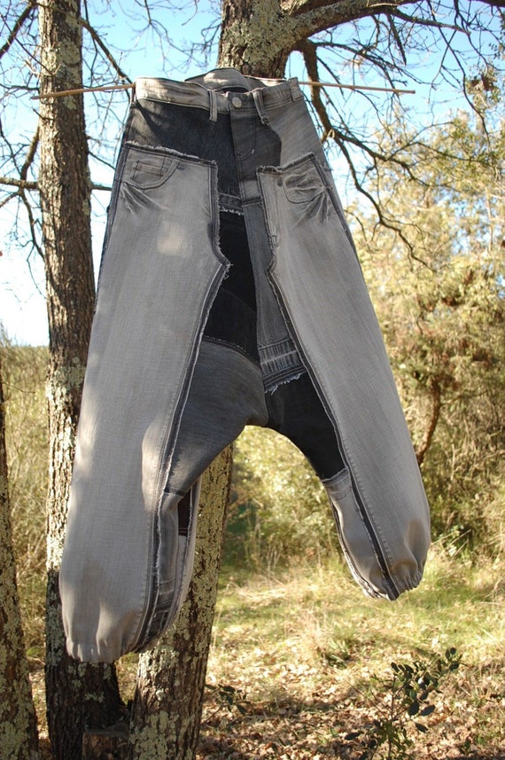 Unisex Harem Pants PATCHWORK BLACK DENIM in Recycled Jeans