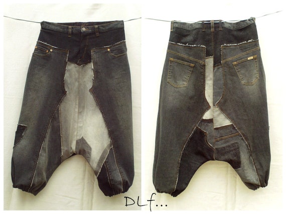 Unisex Harem Pants in Patchwork of Recycled Jeans CUSTOM-MADE 