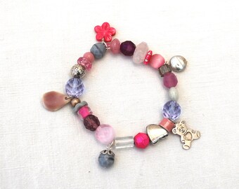 Teddy Pink - Bracelet of pink/silver pearls and charms, bracelet Bohemian pearls, pink bracelet with charms, bracelet big beads