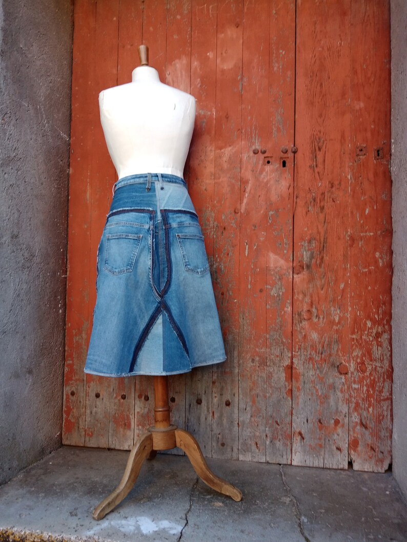denim skirt custom skirt mid-length skirt,recycling,upcycling skirt in patchwork of recycled jeans Mid-length skirt PATCHWORK BLUE JEANS