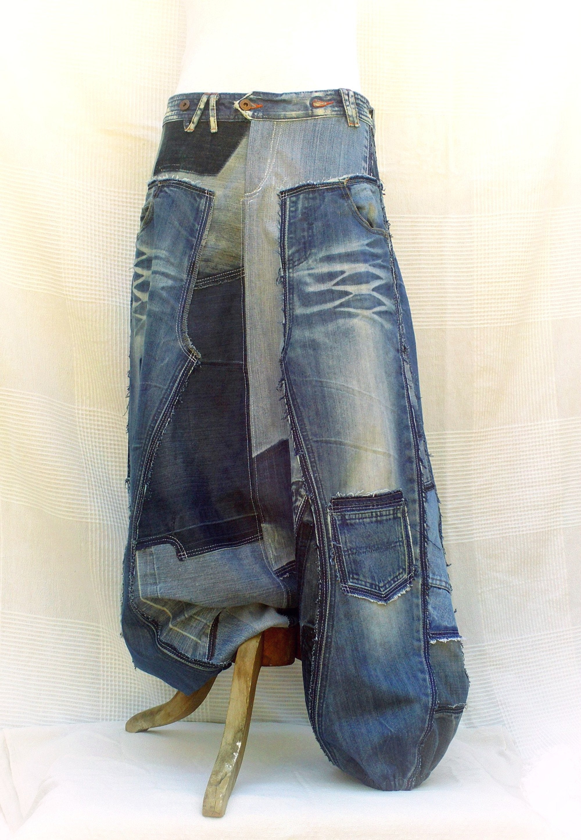 Unisex Harem Pants in Patchwork of Recycled Jeans CUSTOM-MADE