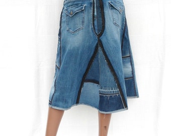 Long A-line Skirt PATCHWORK BLUE DENIM, Skirt in Patchwork Long A-line Skirt PATCHWORK BLUE DENIM, Skirt in Patchwork