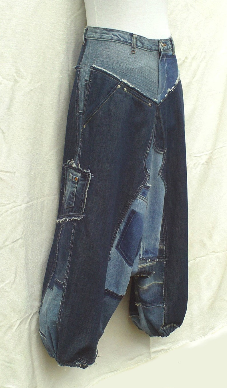 Unisex Harem pants in patchwork of recycled jeans CUSTOM-MADE REALIZATION , pants in disconnected then sewn on again recycled blue jeans image 6