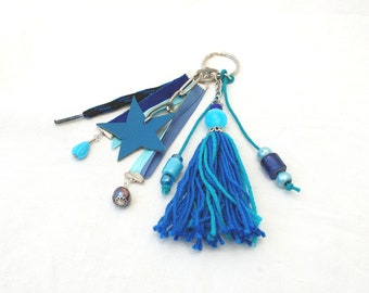 Blue Star - Gri-gri with blue ribbons, pompons, pearls, charms, blue key ring, blue bag jewelry with charms, bohemian bag jewel
