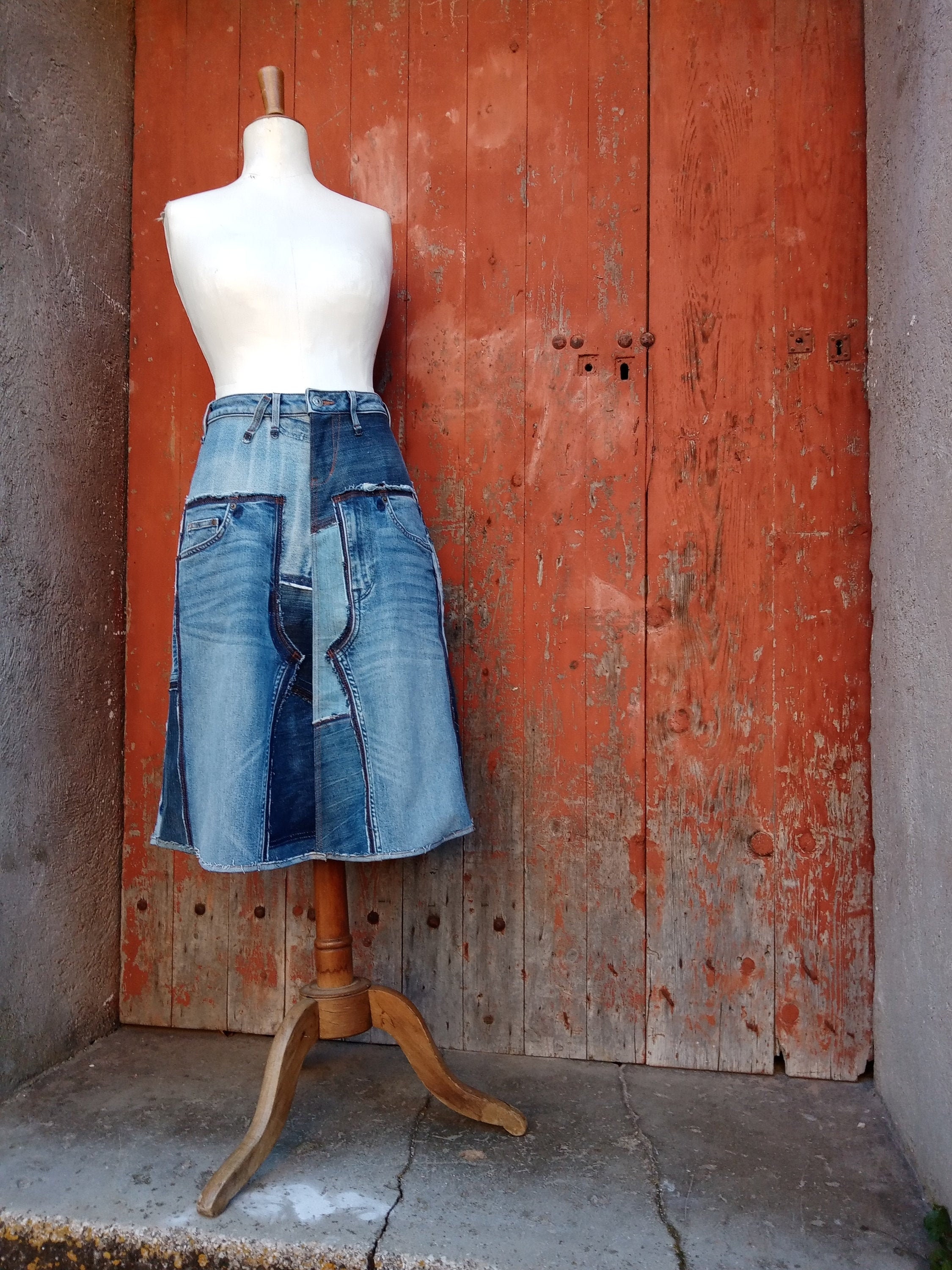 Mid-length Skirt PATCHWORK BLUE JEANS Skirt in Patchwork of - Etsy