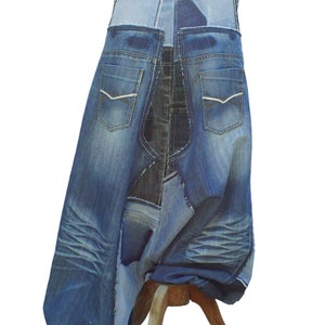 Unisex Harem pants in patchwork of recycled jeans CUSTOM-MADE REALIZATION , pants in disconnected then sewn on again recycled blue jeans image 3