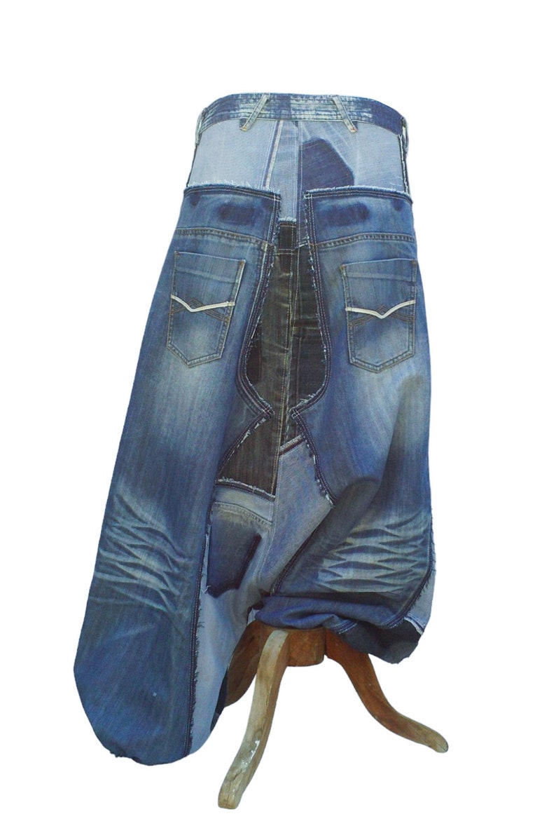 Unisex Harem pants in patchwork of recycled jeans CUSTOM-MADE REALIZATION , pants in disconnected then sewn on again recycled blue jeans image 3