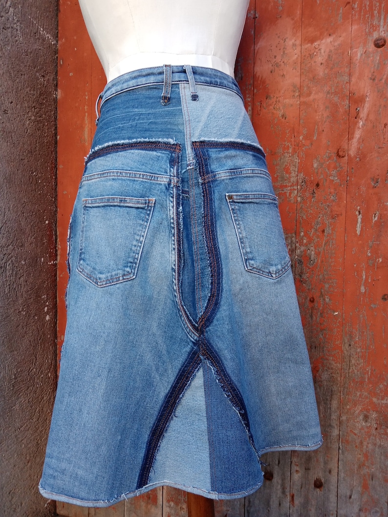denim skirt custom skirt mid-length skirt,recycling,upcycling skirt in patchwork of recycled jeans Mid-length skirt PATCHWORK BLUE JEANS