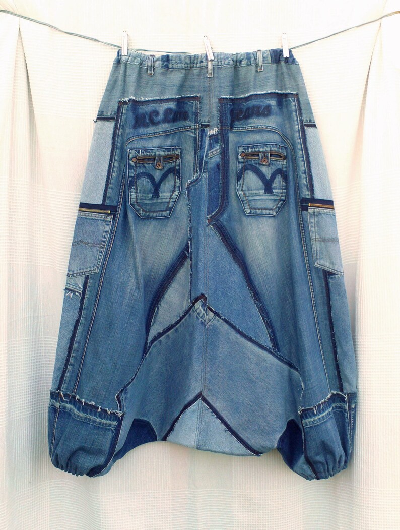 XXL Sarouel patchwork Blue Denim in Recycled Jeans Custommade, Unisex