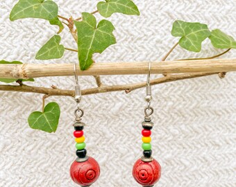 Earrings KINKY REGGAE with rasta color beads, tribal earrings, rasta earrings, rasta jewelry, jewelry gift