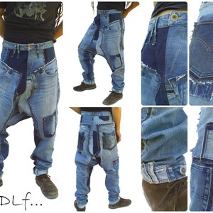 Unisex Harem Pants With Short Crotch in Patchwork of Recycled Jeans ...