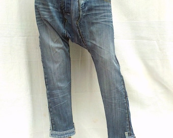 Unisex Harem pants with short crotch in patchwork of recycled jeans (CUSTOM-MADE REALIZATION) , pants in disconnected then sewn on again
