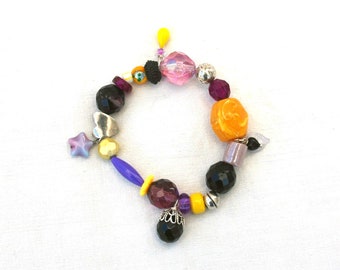 Sprite - Black/purple/yellow pearls and charms bracelet, Bohemian pearls bracelet, large pearls bracelet, bohemian bracelet, charms bracelet