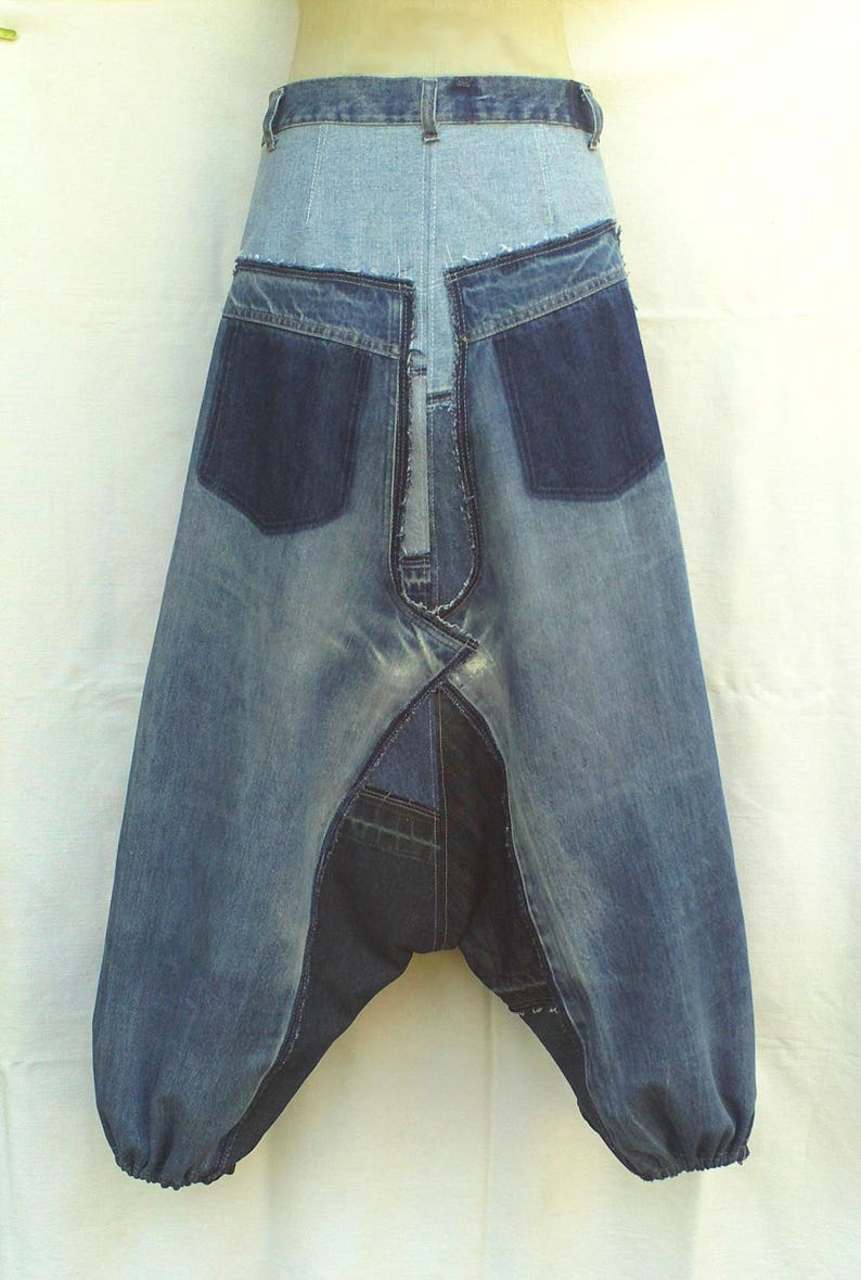 Unisex Harem pants in patchwork of recycled jeans CUSTOM-MADE REALIZATION , pants in disconnected then sewn on again recycled blue jeans image 8