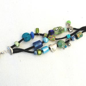 The Green of Water - Bracelet triple row of green/blue/silver pearls and charms, Bohemian pearl bracelet, blue/green bracelet with charms