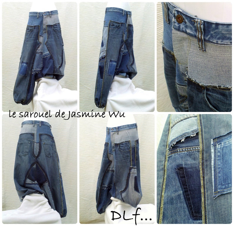 Unisex Harem pants in patchwork of recycled jeans CUSTOM-MADE REALIZATION , pants in disconnected then sewn on again recycled blue jeans image 5