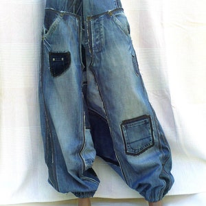 Unisex Harem pants in patchwork of recycled jeans CUSTOM-MADE REALIZATION , pants in disconnected then sewn on again recycled blue jeans image 9