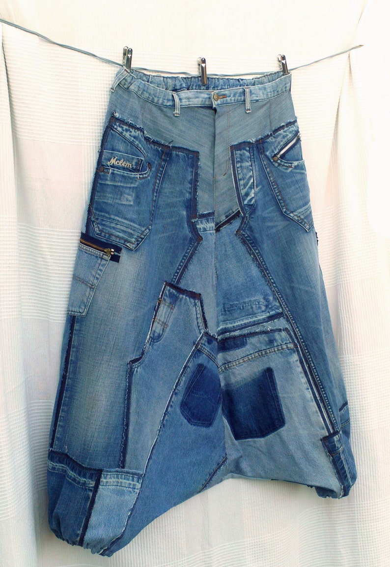 XXL Sarouel patchwork Blue Denim in Recycled Jeans Custommade, Unisex