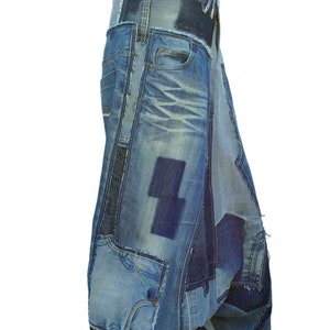 Unisex Harem pants in patchwork of recycled jeans CUSTOM-MADE REALIZATION , pants in disconnected then sewn on again recycled blue jeans image 2