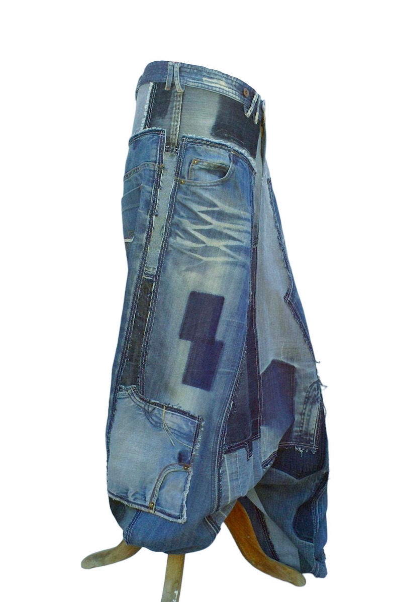 Unisex Harem pants in patchwork of recycled jeans CUSTOM-MADE REALIZATION , pants in disconnected then sewn on again recycled blue jeans image 2