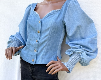 LADY BLUE fitted blouse in tencel denim with puff sleeves, women's blouse, women's blouse, women's tencel blouse, women's denim blouse