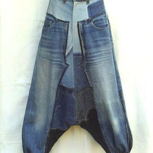 Unisex Harem pants in patchwork of recycled jeans CUSTOM-MADE REALIZATION , pants in disconnected then sewn on again recycled blue jeans image 7