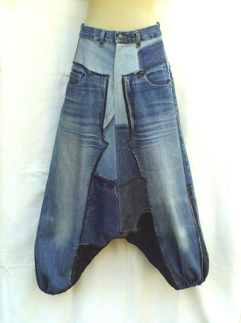 Unisex Harem pants in patchwork of recycled jeans CUSTOM-MADE REALIZATION , pants in disconnected then sewn on again recycled blue jeans image 7