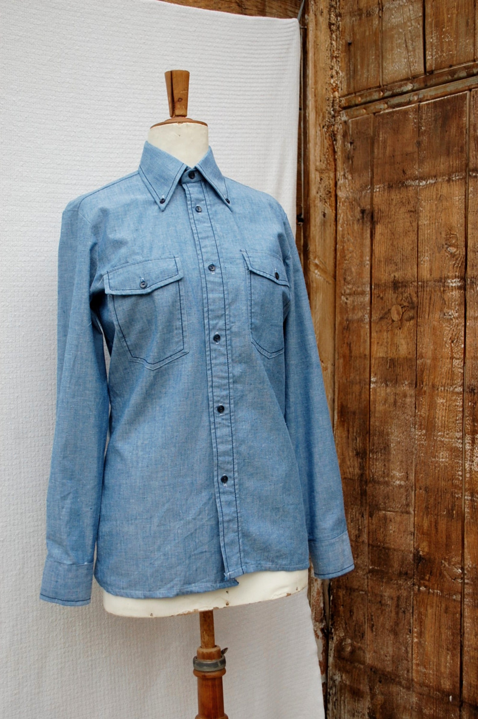 VINTAGE 70's Shirt, Vintage Shirt, Shirt Blue Cotton, Collar pie Shovel