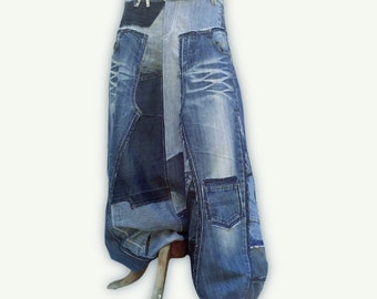 Unisex Harem pants in patchwork of recycled jeans (CUSTOM-MADE REALIZATION) , pants in disconnected then sewn on again recycled blue jeans