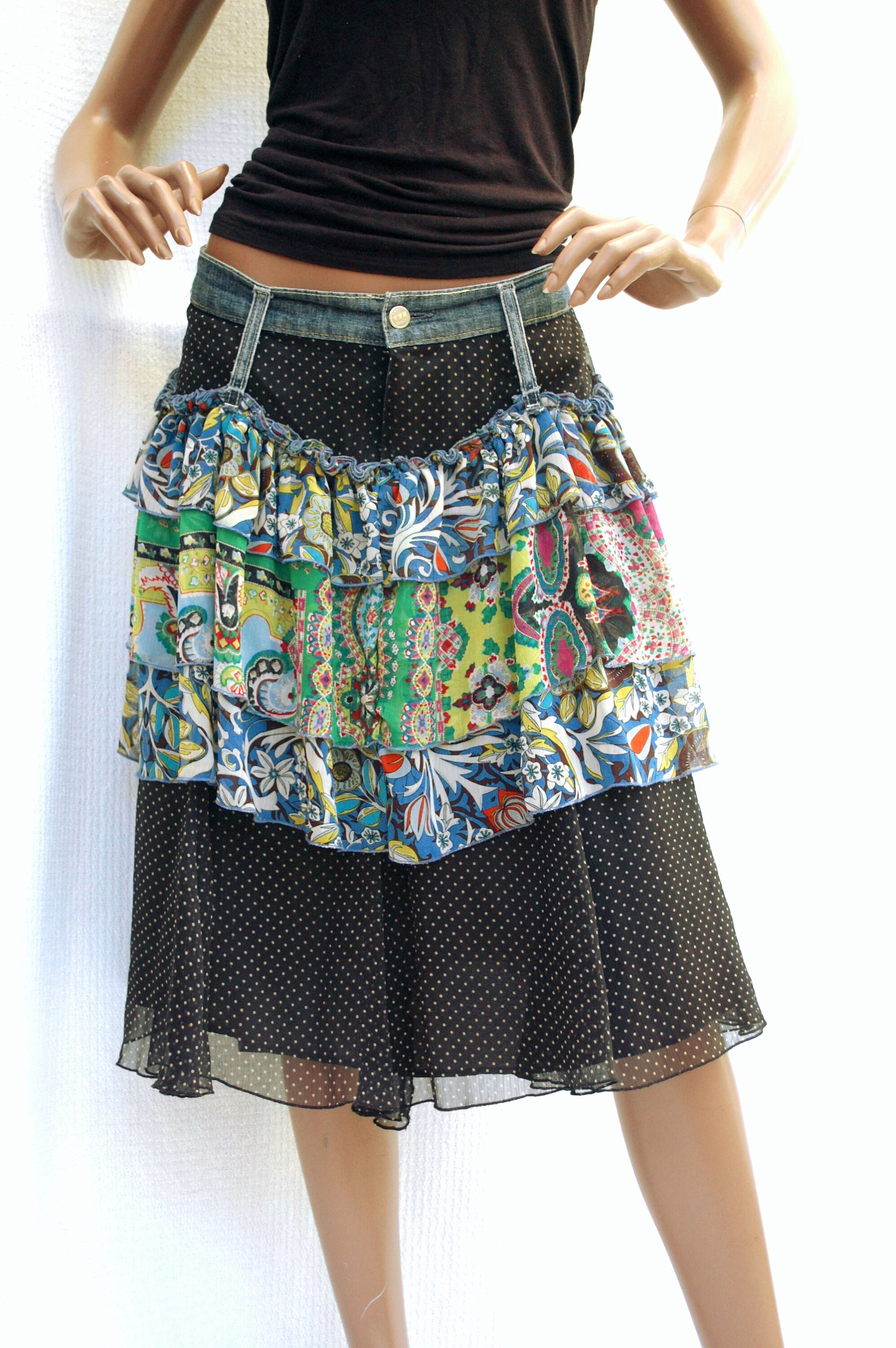 Falda doble con volantes GYPSY falda de mezclilla Etsy España