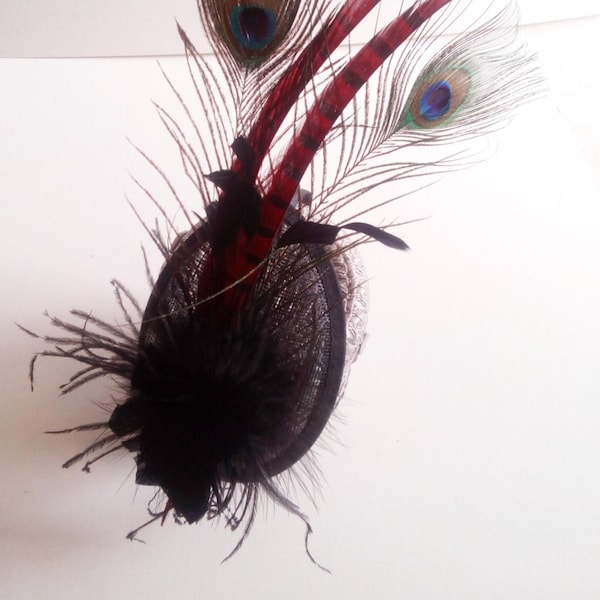 Black chic fascinator special occasions sinamay with peacock feathers chapeau bibi headpiece, tea party british hat church hat cocktail hat