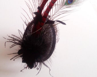 Black chic fascinator special occasions sinamay with peacock feathers chapeau bibi headpiece, tea party british hat church hat cocktail hat